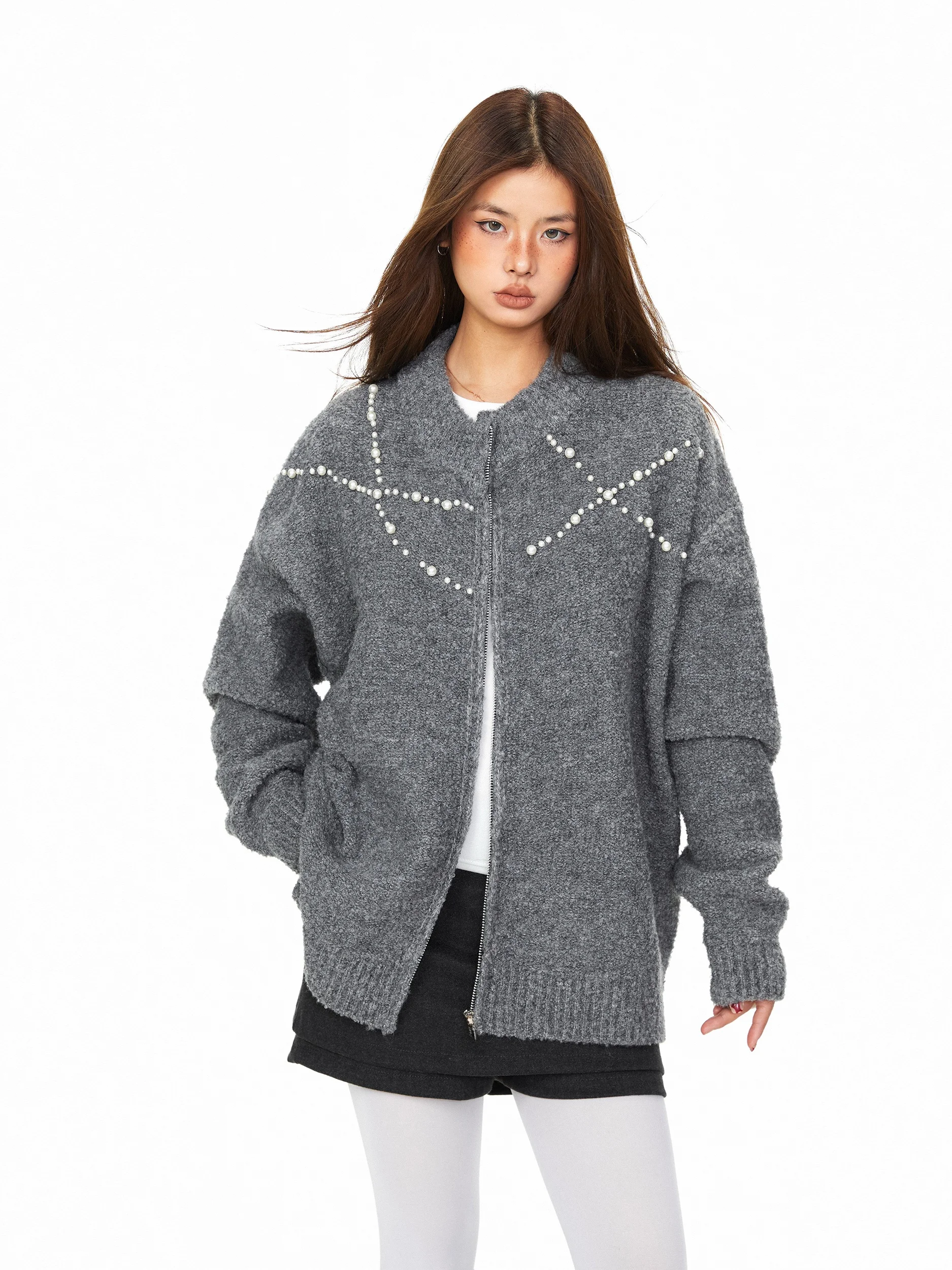 Blackbb Heavy Embellished Zipper Knitted Open Cardigan Women's Loose Casual Style Fleece Winter Outerwear Long Sleeve Sweater