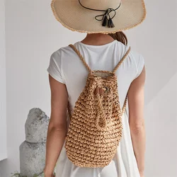 2023 Summer Casual Straw Backpacks Women Handmade Drawstring Beach Shoulder Bags Ladies Raffia Rattan Woven Travel Handbags