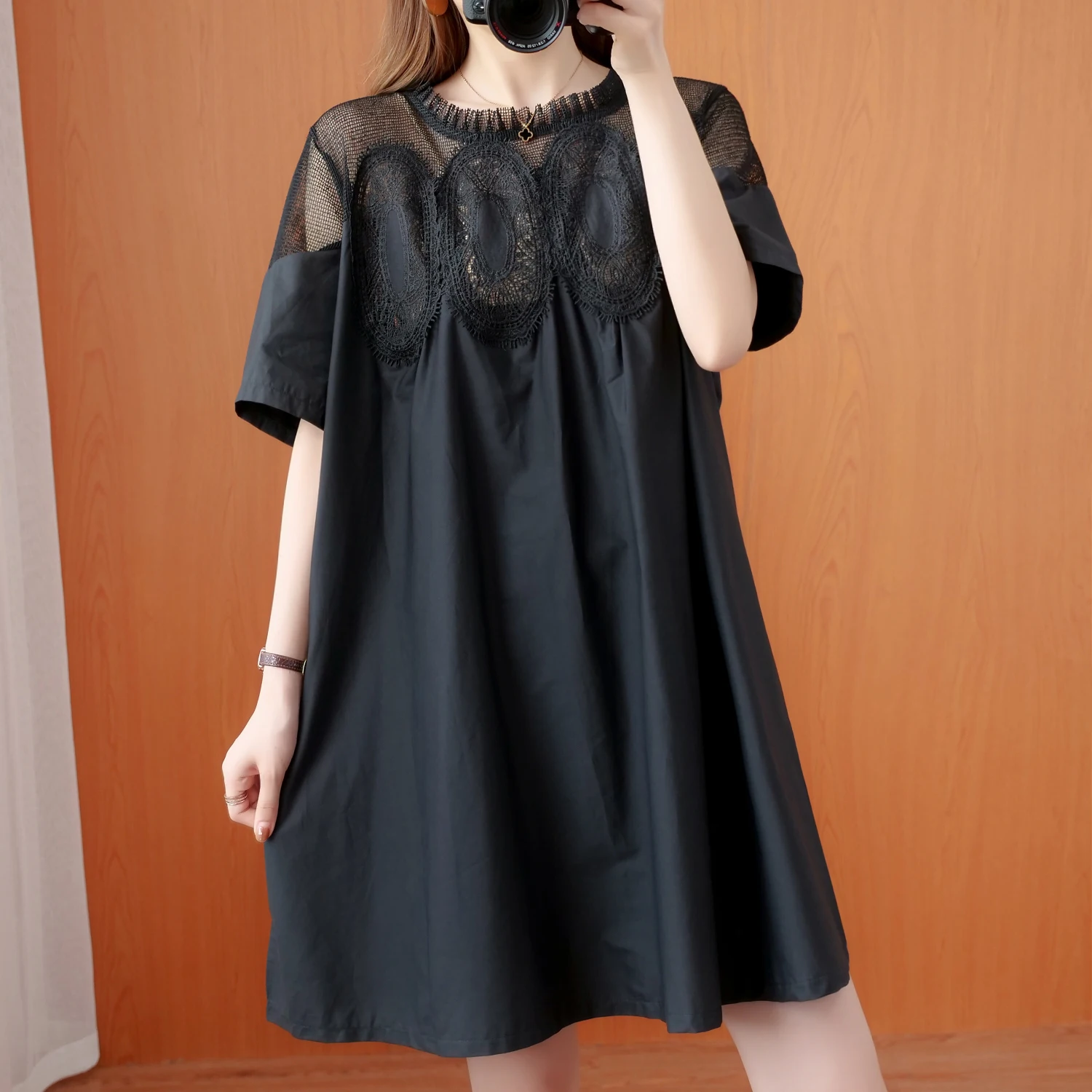 plus Size Summer Dress Lace Mesh Splice Slimming High Waist Princess Dress for Heavy Sister Fashionable And Comfortable