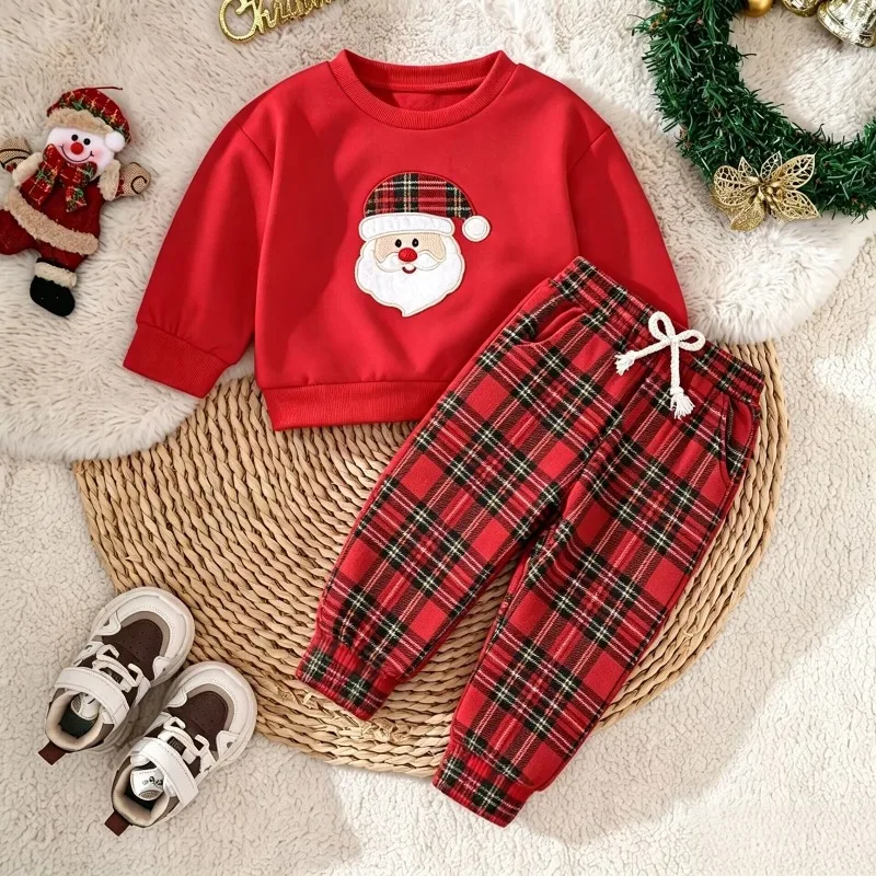 Toddler Baby Boy Christmas Set Red Sweatshirt With Checkered Santa Face Applique And Matching Plaid Drawstring Pants 0 36M
