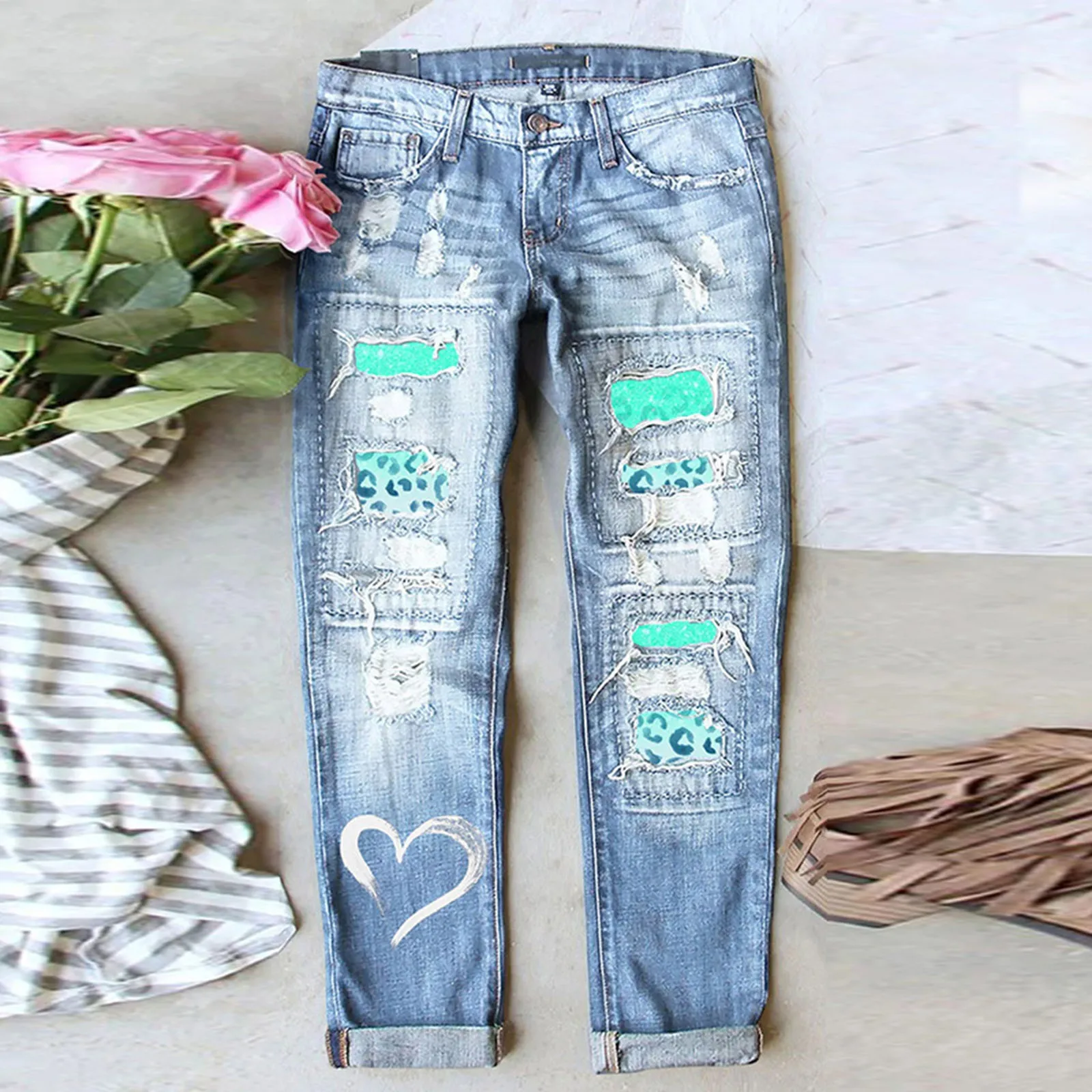 

Fashion Valentine Y2k Ripped Jeans Women Low Waist Heart Printed Slim Pant Spring Autumn Vintage Streetwear Trousers Pantalones
