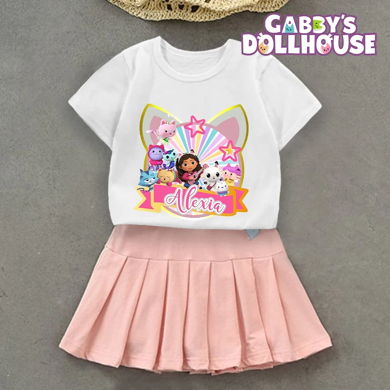 Gabby's Dollhouse Kids T-shirt Pleated Skirt Set Cute Cartoon Love Embroidery Skirts Cotton Girls Summer Clothes Birthday Gifts