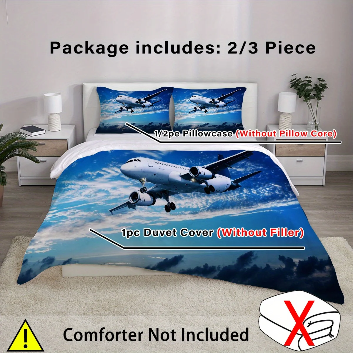2/3 Piece 3D Printed Airplane Bedding Set: Includes 1/2/3 Piece Pillowcases And 1 PC Duvet Cover (Without Filler) - Suitable