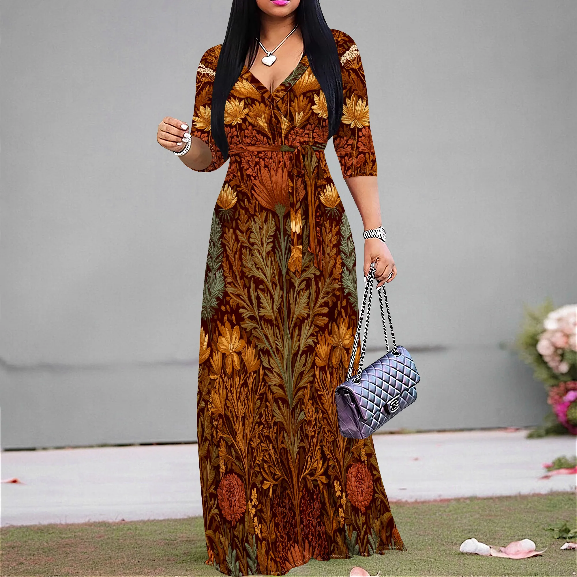

Women's Vintage Floral Maxi Dress Autumn Ethnic Print V-Neck Belted Half Sleeve S-3XL High Waist Elegant Party Formal Gown