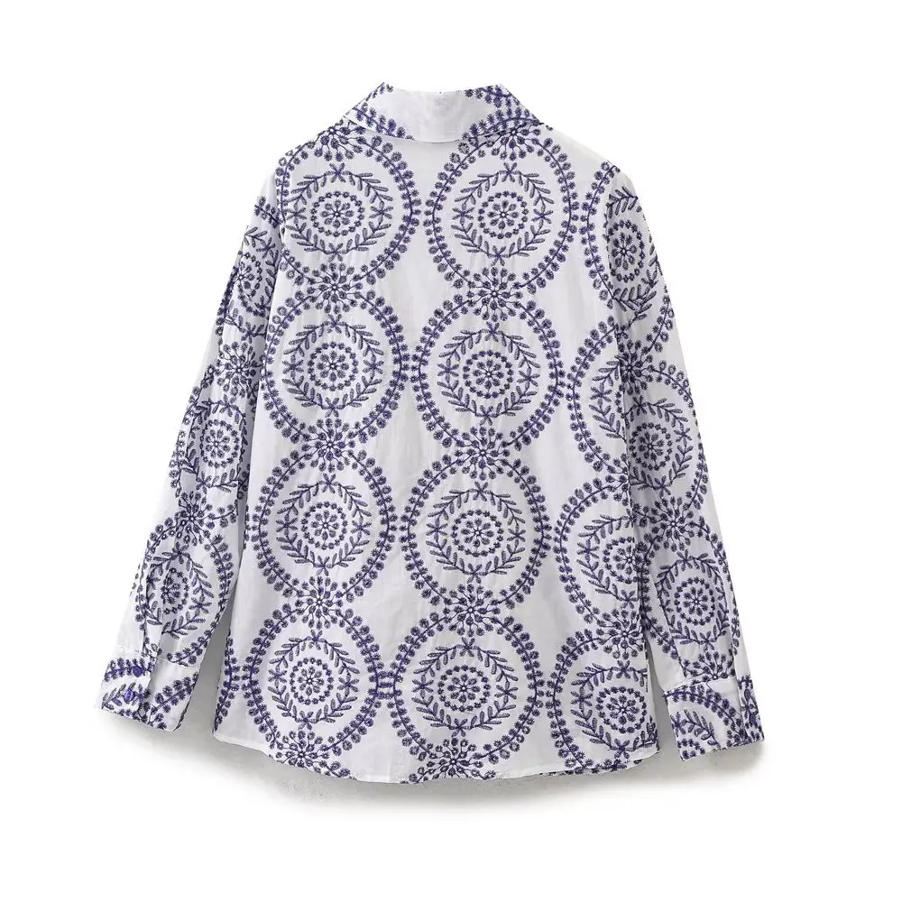 femmes ajouré fleurs chemise brodée revers ample à manches longues simple boutonnage blouse décontractée printemps été nouveau haut Chic