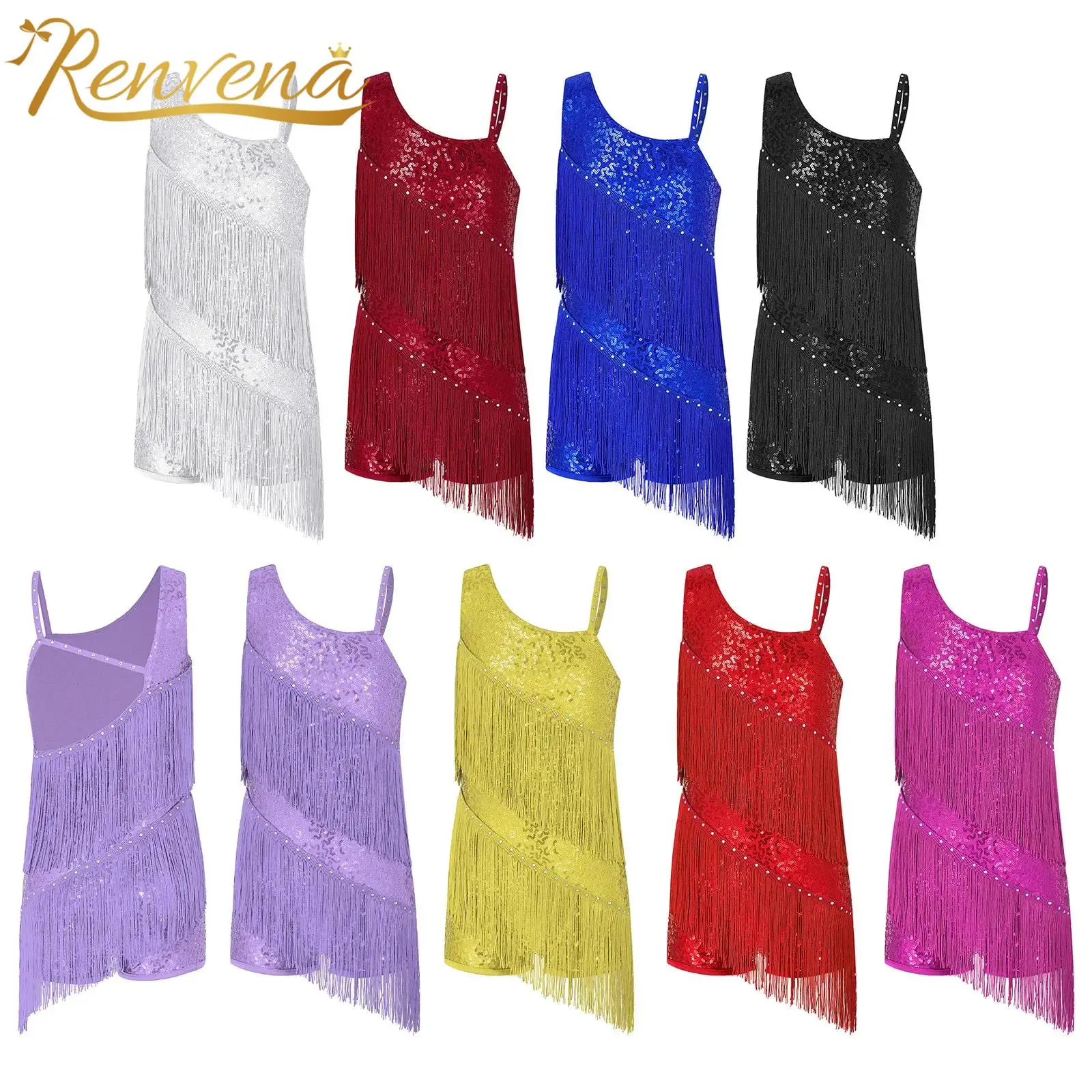 Vestido de leotardo latino con flecos brillantes para niñas, vestido de patinaje, Salsa, Tango, Chacha, Rumba, traje de baile de salón, Ropa de baile
