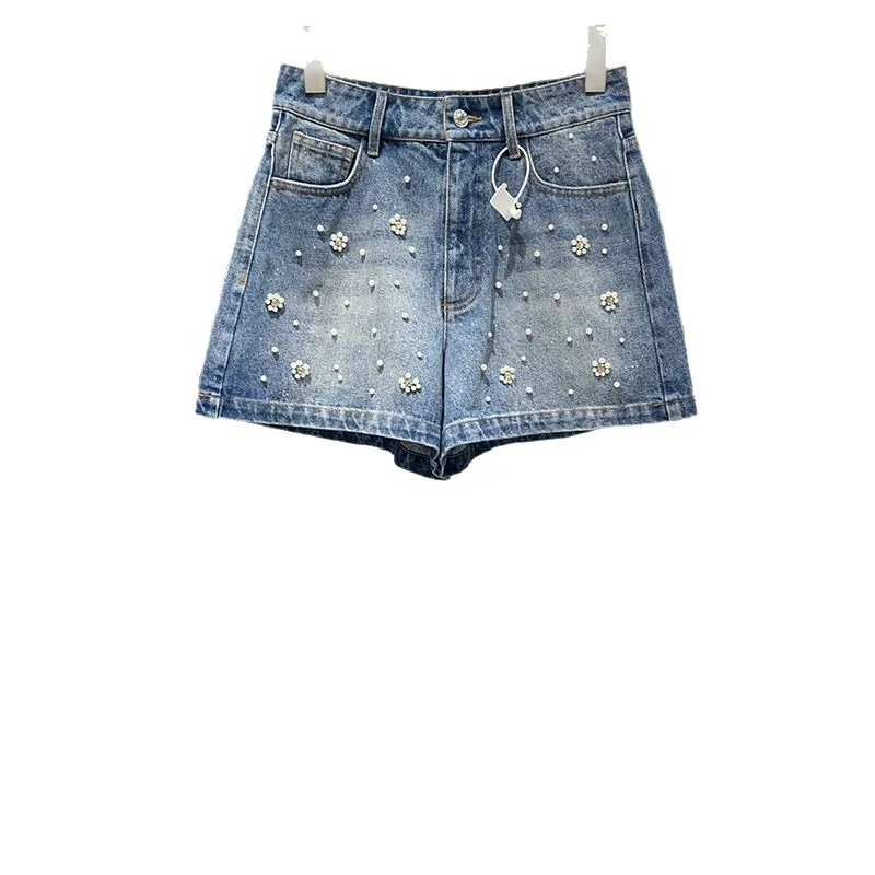 Niche 2025, lente/zomer parel-rijn-diamant denim overhemd, knap damespak