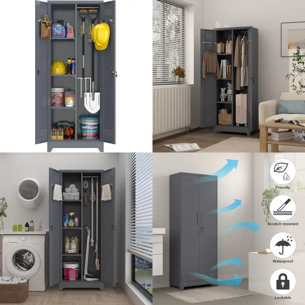 Gabinetes de almacenamiento de metal con puertas bloqueables y estantes ajustables para garaje, armario organizador de escoba gris para limpieza S
