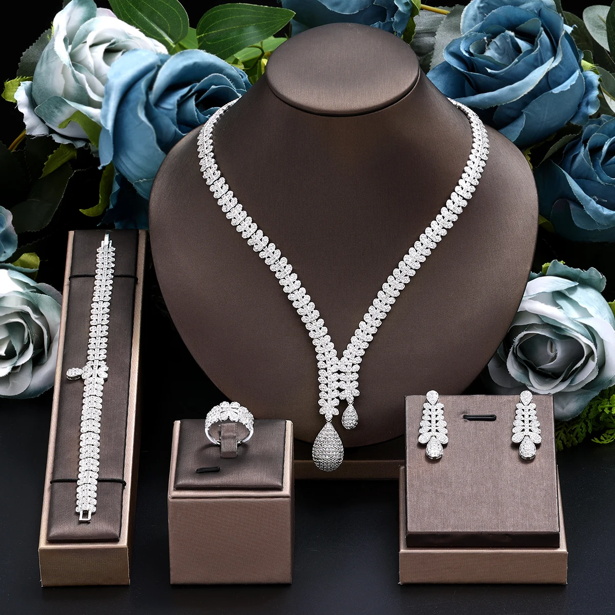 

4Pcs Brilliant Dubai CZ Heave Stone Work Big Luxury Dinner Party Wedding Bridal Costume Jewelry Sets for Women