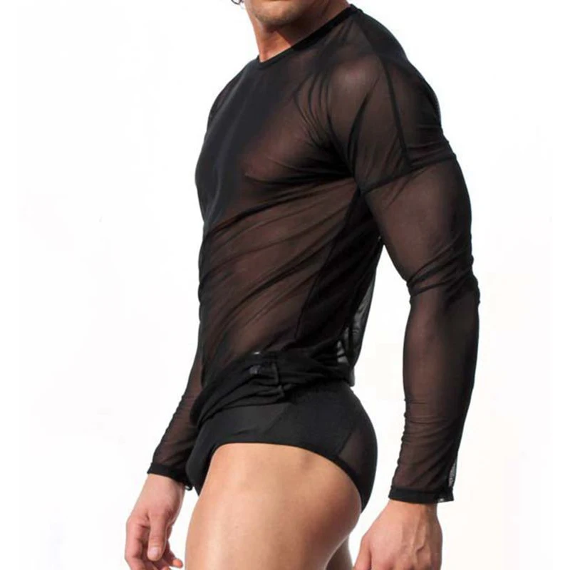 Mens Sexy Transparent T-shirt Sheer See Through Mesh Long Sleeve T shirt Tops Undershirt Fitness Tight Black/White Lounge Tees