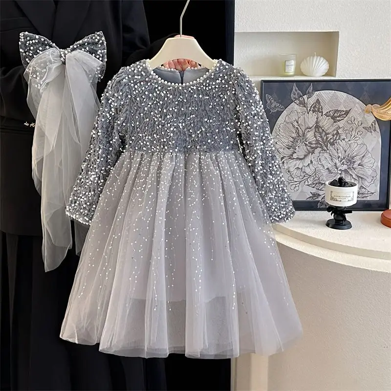 Send veil girls' daughter style dress autumn and winter little girl high-end birthday dress children's fluffy yarn sequins