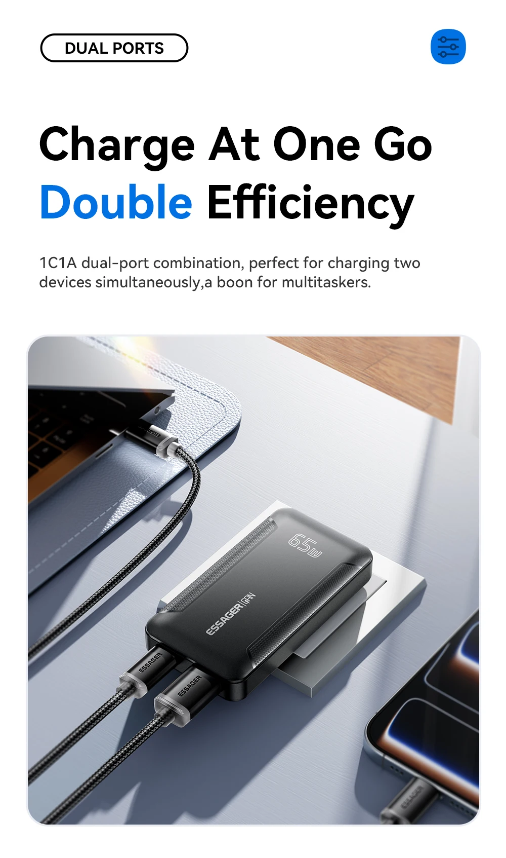 Essager Slim 65 W GaN Reiseladegerät USB A Typ C Tragbares Ladegerät Klappbares Schnellladegerät für iPhone 17 16 Samsung MacBook Laptop – Detail 7