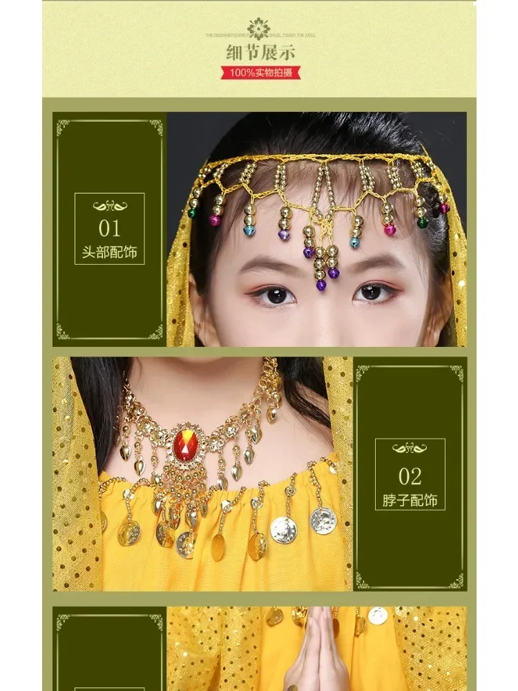 Costume de danse du ventre indien en mousseline de soie pour enfants, ensemble de 6 pièces pour spectacle d'halloween, tenues en tissu de danse pour enfants, 3 options de couleurs