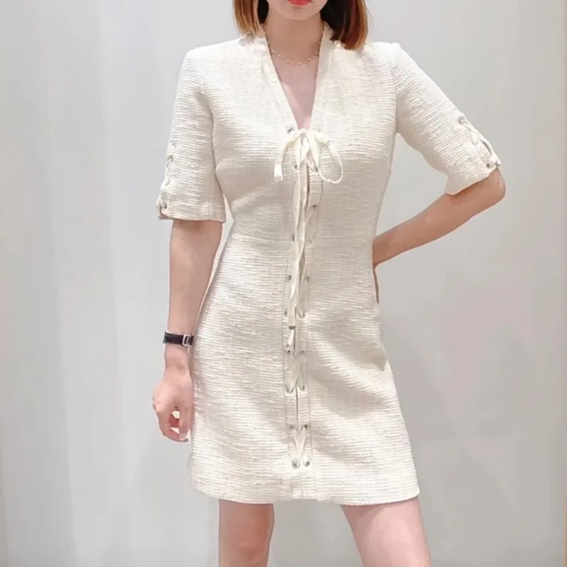 

Women's Short Dresses V-neck Lace-up Waistband 2024 Summer New Ladies OL Short Sleeve Mini Robe