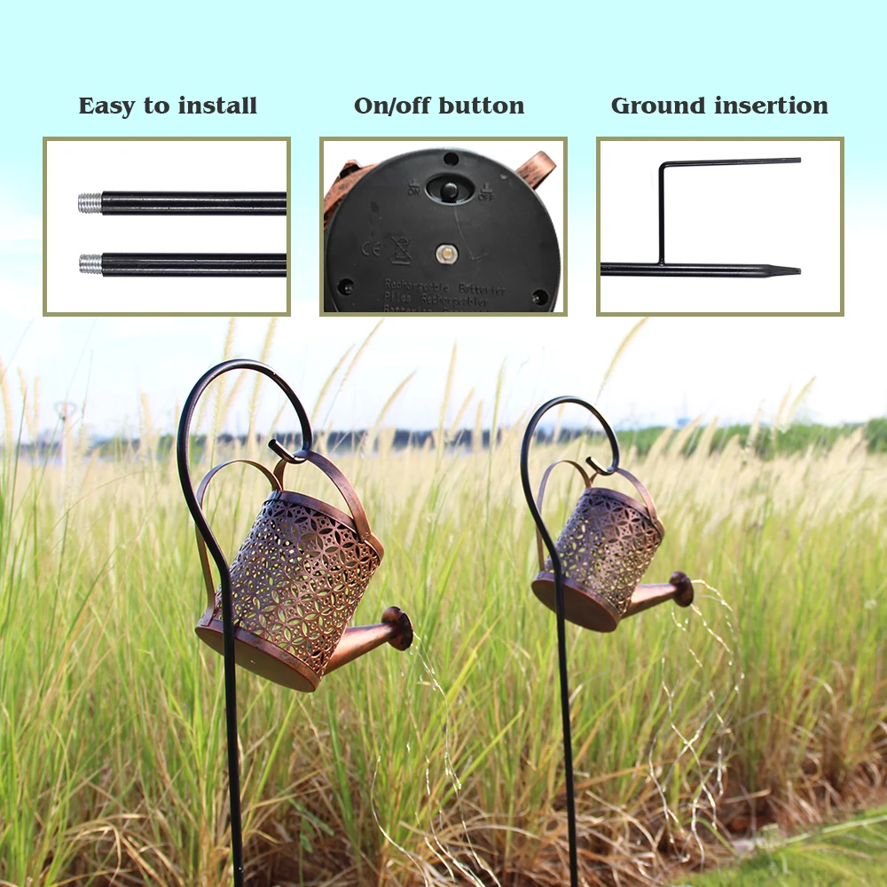 Solar Watering Can Light Outdoor Garden Art LED String Light Hanging Kettle Lantern Pathway Patio Decorative Lamp Stake Light