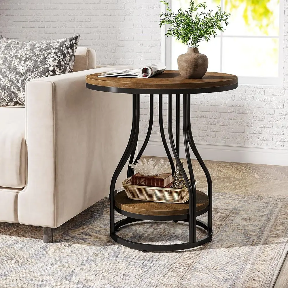 

2-Tier Round Side Table with Storage, Suitable for Bedroom, Couch, or Living Room, Nightstand in Brown and Black