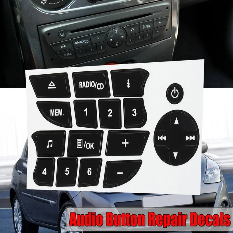 Car Interior Button Repair Stickers CD Radio Audio Button Repair Decals Decor for Twingo for Renault Clio and Megane 2009-2011
