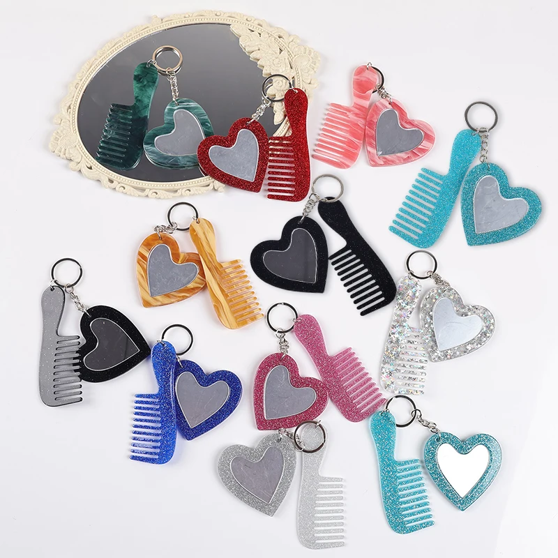 Fashionable Mini Comb Keychain With Heart Shape Makeup Mirror Handmade Creative Keyring Fashionable Key Ring Backpack Decoration