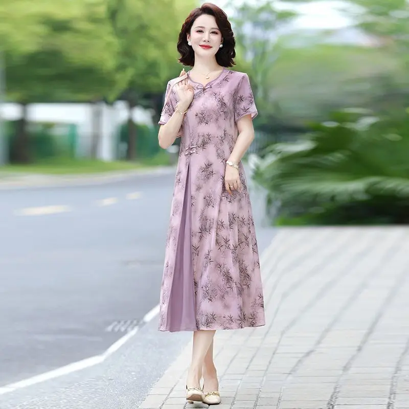 Elegant Digital Print Long Dress Floral Pattern Spring Summer Women Short Sleeve Dresses Chinese Style Slim Vintage Skirts D118
