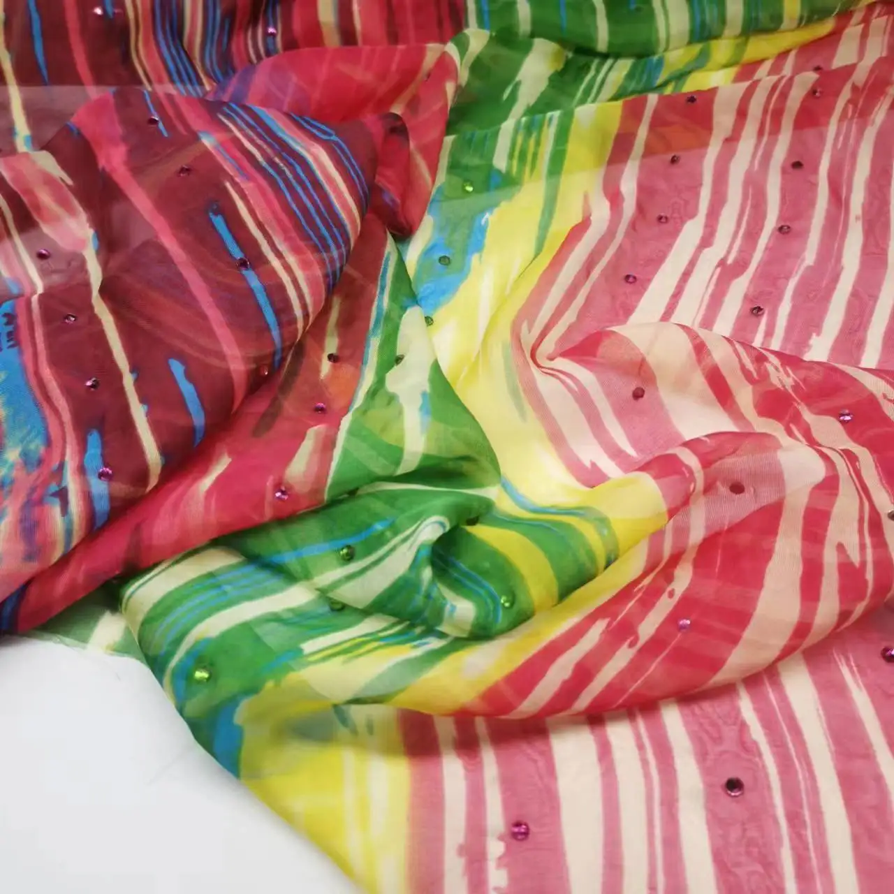 

100% Silk Chiffon Fabric With Rhinestones Bling Gem Saree Toub Dress Blouse Quality Sewing Material