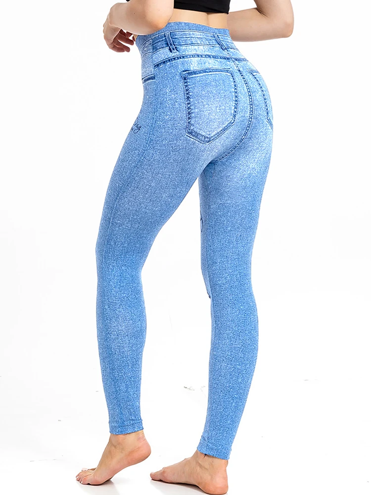 YSDNCHI celana crop Kasual Bawahan elastis wanita legging cetak kupu-kupu ketat Denim mulus buatan biru