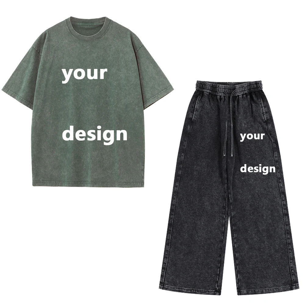Men Women Cotton Washed T Shirt Pants Set 230G Custom Printed T Shirt Matching Set DIY Logo Pattern Casual Streetwear Outfit view 5
