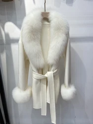 Women Autumn Handmade Double Side Woolen Real Fox Fur Collar Warm Female Spring White Woolen Jacket