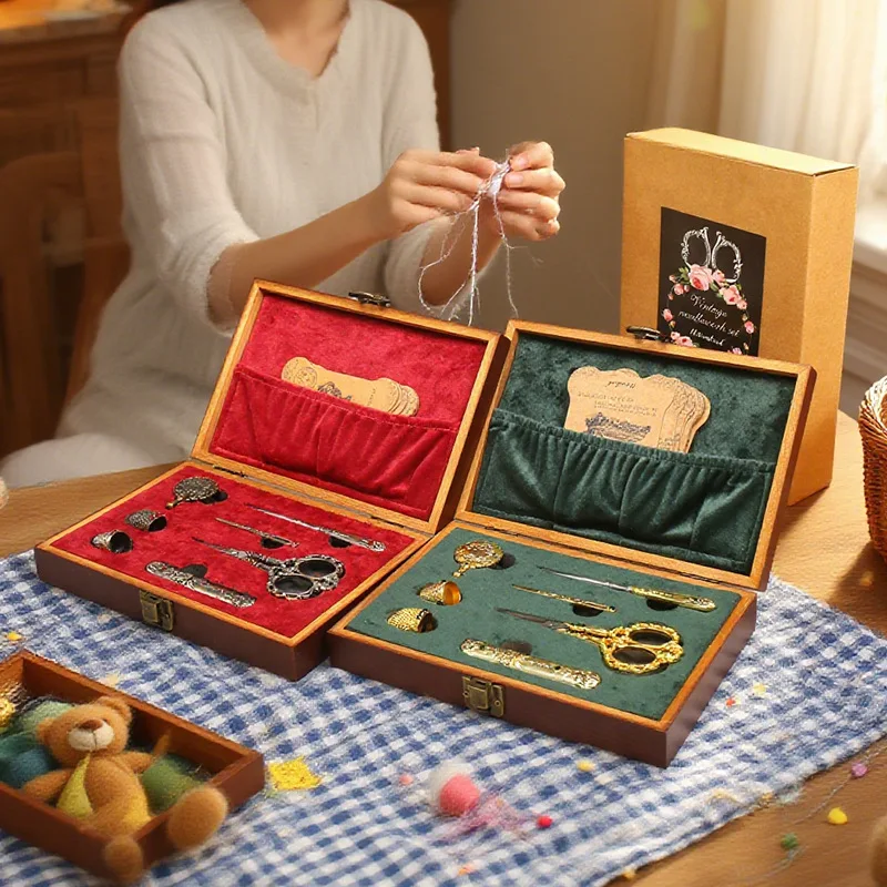 High-quality household sewing tool set for wedding dowry, featuring solid wood and vintage style needle and thread box for mendi