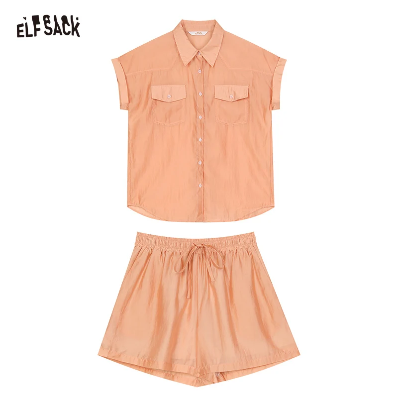 ELFSACK 2024 Summer New Arrivals Orange imitation Tencel temperament comfortable lazy style fashion shirt shorts two-piece suit