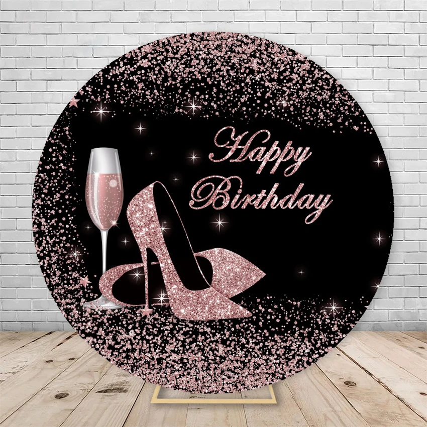 Adult Birthday Round Backdrop Black Golden Glitter Party Decor Photo Photographic Circle Photography Background With Elastic