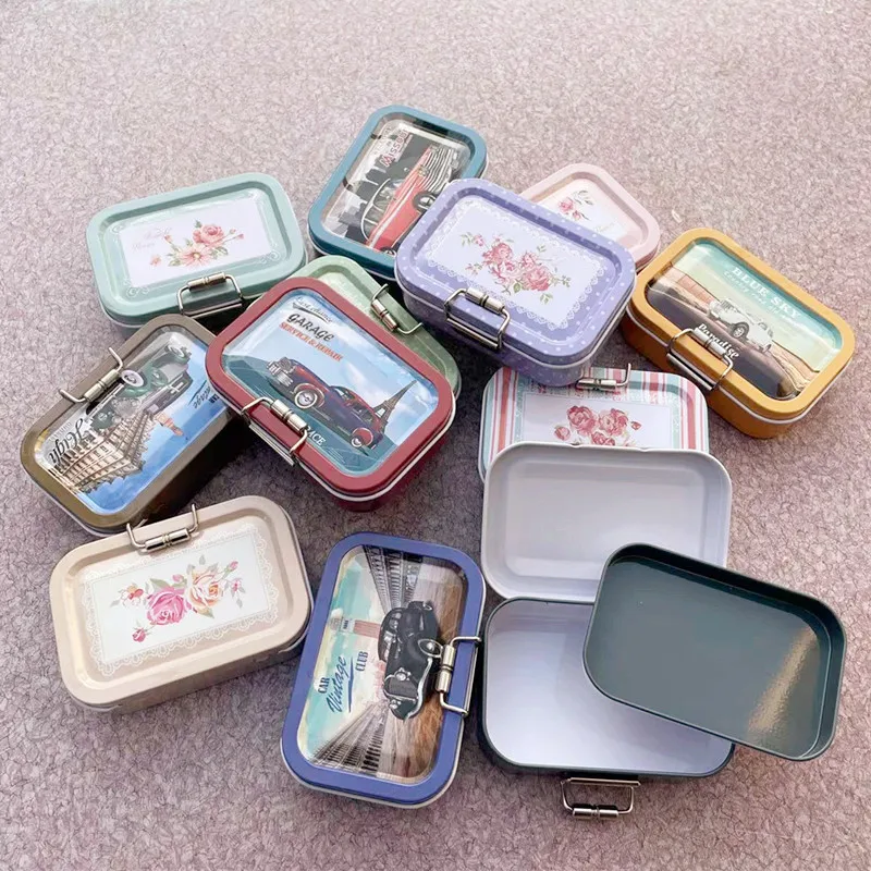 Retro Car Double-Layer Metal Card Jewelry Storage Tin Box Portable Flower Pattern Cosmetic Container Small Organizer Gift Box