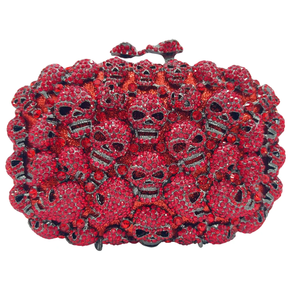 Halloween Skull Rhinestone Clutch Purse for Women Luxury Crystal Embellished Hard-Case Gold Chain Crossbody Handbag Costume Acce