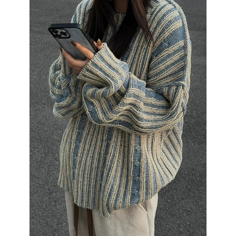 

Women Sweaters Striped Vintage Long Sleeve Knit Pullovers Thick Jumpers Round Neck Streetwear Loose Casual Lady Autumn 2025