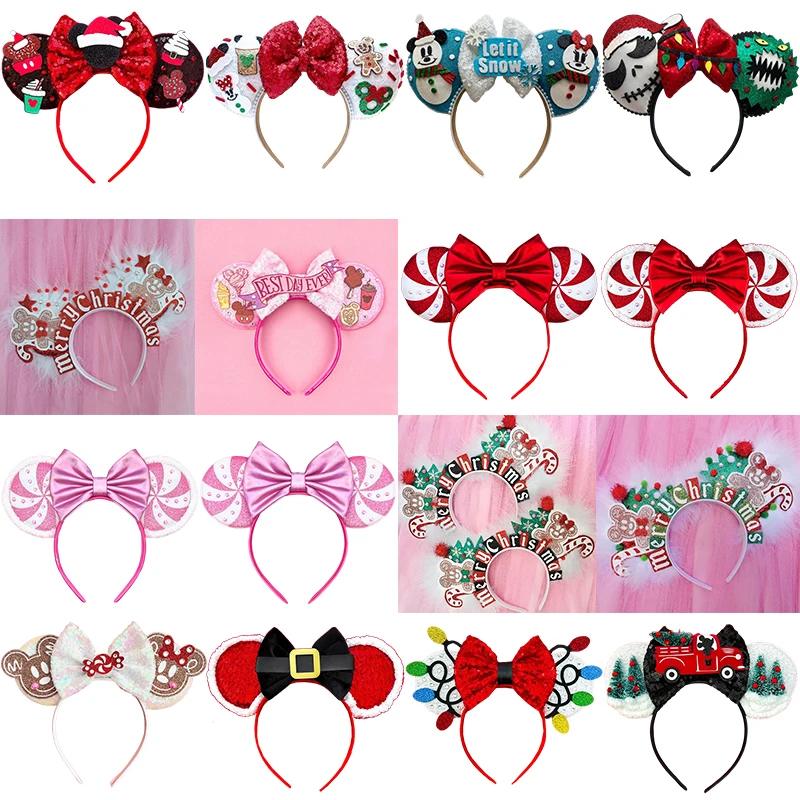 Disney Xmas Style Candy Cane Headbands Women Minnie Mickey Mouse Ears Hair Accessories Kids Merry Christmas Hair Band Girls Gift