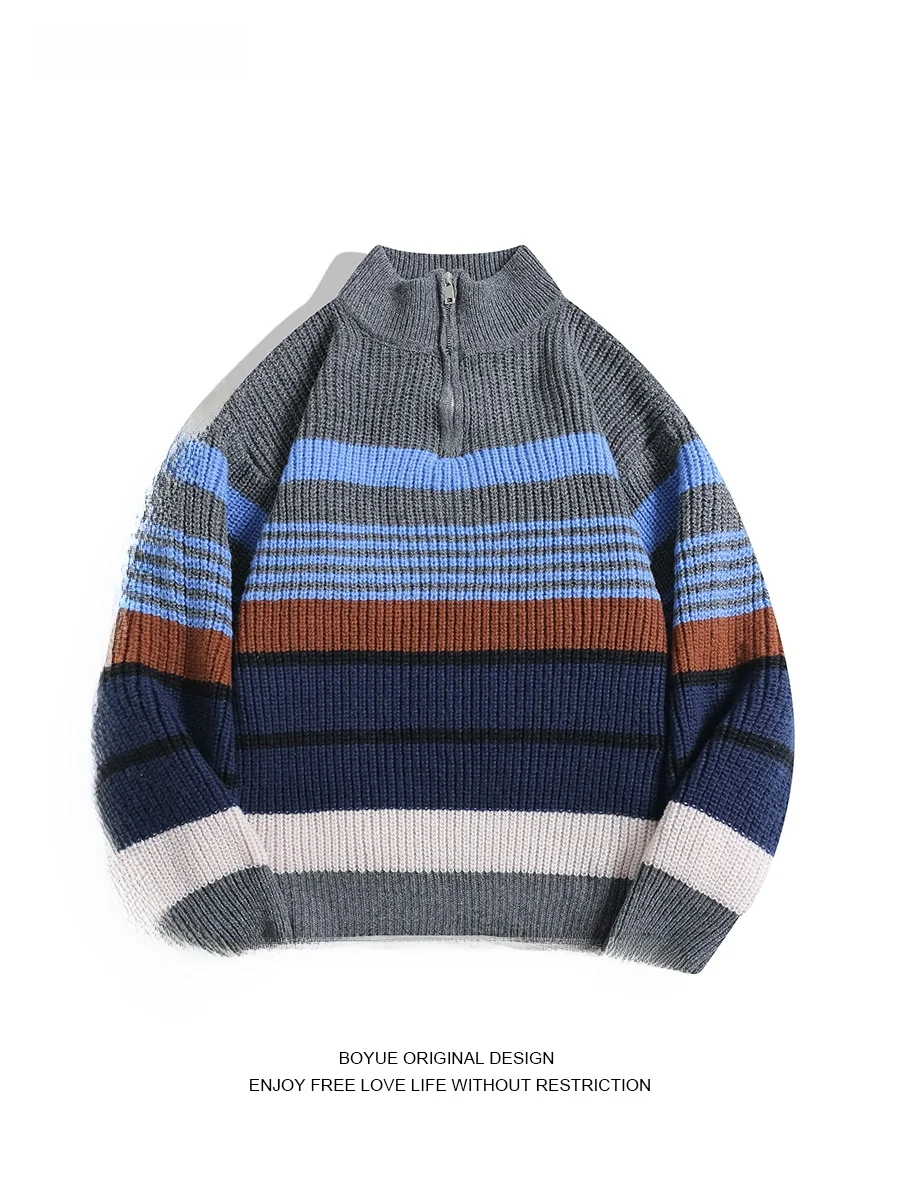 

BOYUE Retro Striped f Zip Knitted Sweater Men's Lazy Sle Stand Collar High End Casual Sweater Trendy Long Sve Sweater