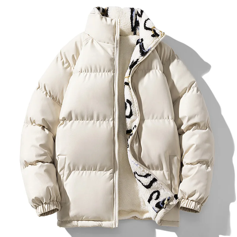 

Winter Men Plush Jacket Thicken Printed Patchwork Male Down Coat Stand Collar Long Sleeve Loose Comfortable Man Outerwear