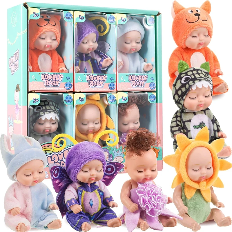 6Pcs/Set Kawaii Sleeping Reborn Baby Dolls Kits Cute Mini Simulation Babies Cos Forest Animals With Clothes Toys Festivals Gifts