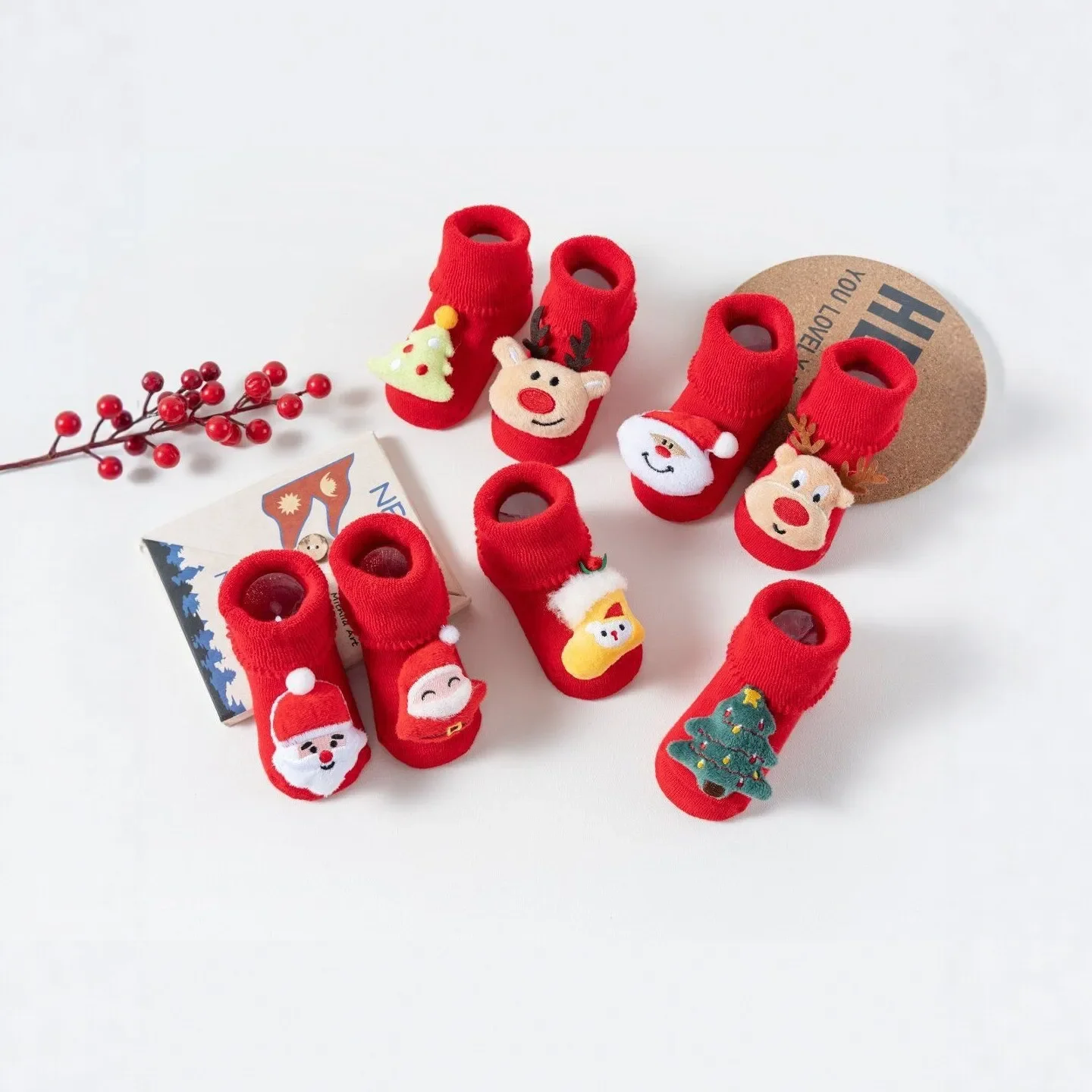 1 pair of baby winter home thick floor socks, Christmas red element socks
