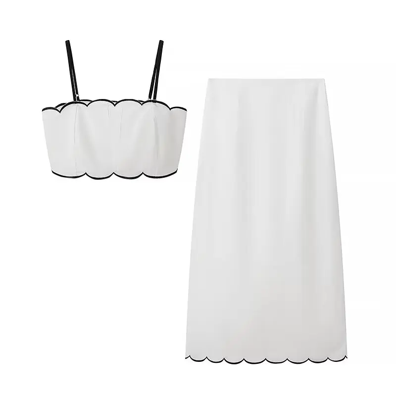 

European and American style women's fashion solid color cotton and linen embroidered suspender top high waist mid-length skirt s