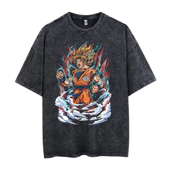 Goku Super Saiyan T Shirt Dragon Ball Z Men Vintage Acid Wash Oversized Cotton Aura Blast Anime Graphic Streetwear Tees