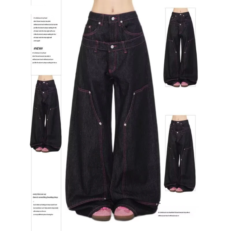 

Women Baggy Black Jeans Harajuku Vintage Denim Trousers Japanese 2000s Style Grunge Letter Print Y2k Jeans Pants Clothes