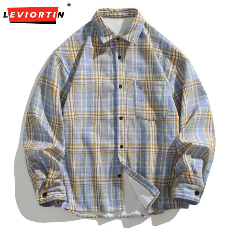 

Autumn and Winter Men's Fashion Trendy Brand High Street American Plus Velvet Thick Loose Versatile Plaid Long Sleeve Lining