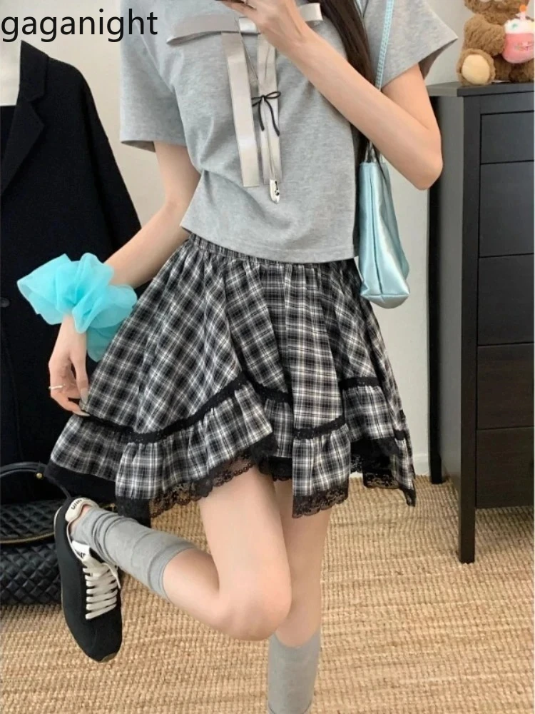 

Topanoma Irregular Skirts Women Plaid Lace Patchwork Stretch High Waist Summer Fashion Vintage Sweet Mini Skirt Female Chic