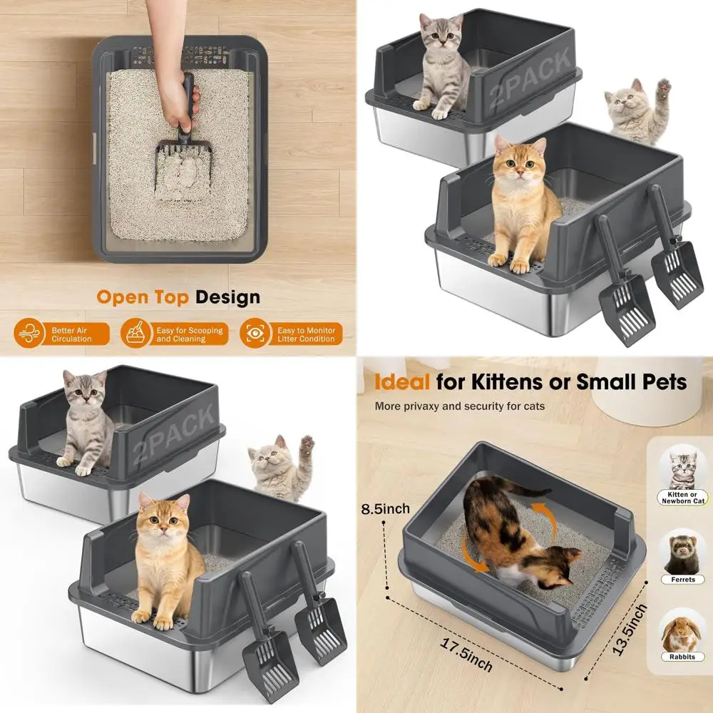 

Stainless Steel High-Sided Litter Box with Lid for Small Cats, Non-Stick, Odor-Resistant, Anti-Leak, Easy Clean, Scoop Included