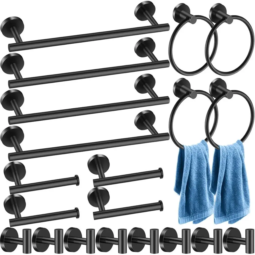 

16 Inch Matte Black Stainless Steel Bathroom Hardware Set with Towel Bar, Hooks, Rings, and Toilet Paper Holder