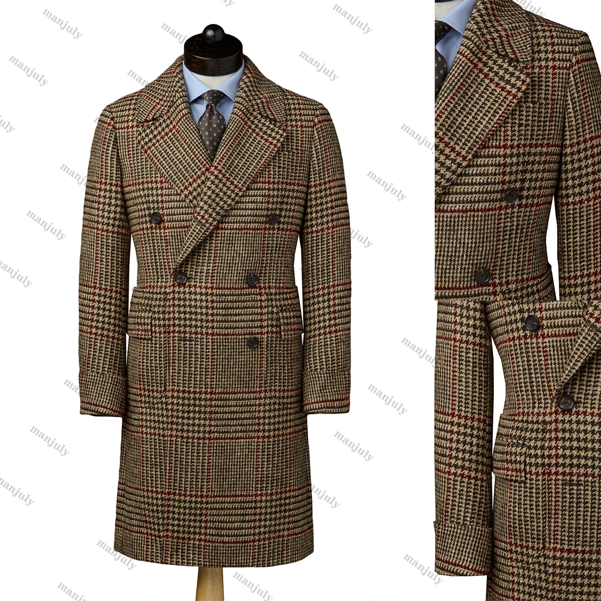 

Winter Check England Style Woolen Overcoat Men Thick Custom Made Vintage Double Breasted Coat Casual Warm Coat Plus Size