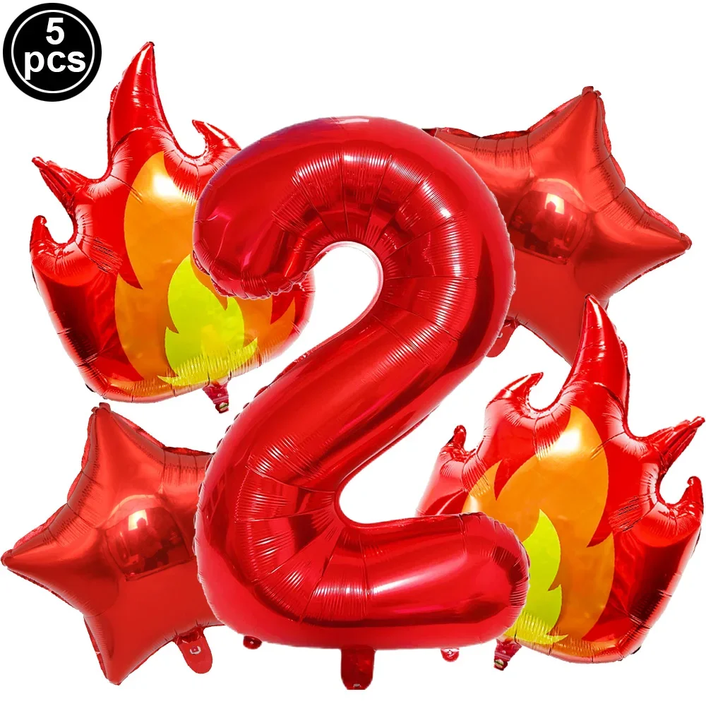5pcs Red Fire Number Foil Balloons Set Fire Engine Fire Flame Balloons Kid Boy Fireman Theme Birthday Decorations Party Supplies