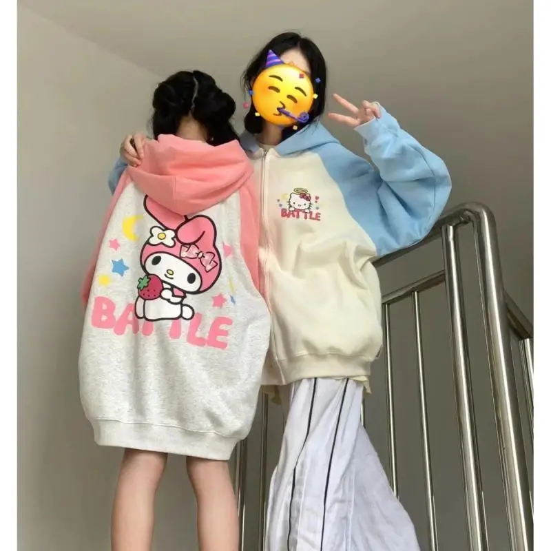 

Sanrio Halloween Hello Kitty Kawaii Anime Outer Garment Cute Cartoon Printed Color Blocked Hooded Sweatshirt Cardigan Jacket