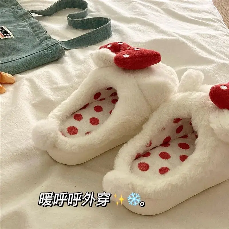 Kawaii Sanrio Hello Kitty Polka Dot Kt Cat Cute Ins Style Cartoon Slippers Red Bow Indoor Home Warm Fur Shoes Girlfriend Gifts
