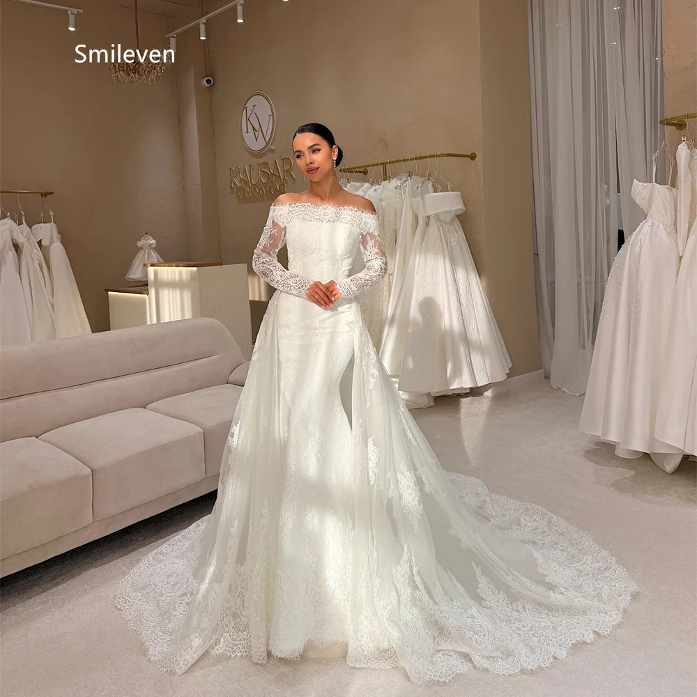 Smileven White Tulle Mermaid wedding Dresses Off Shoulder Long Sleeve Bridal Dress Floral Lace Removable Skirt Gowns Customized